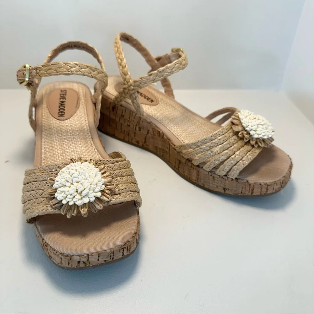 STEVE MADDEN JGarner Wedge Tan Raffia Sandal Size 3 Little Girl